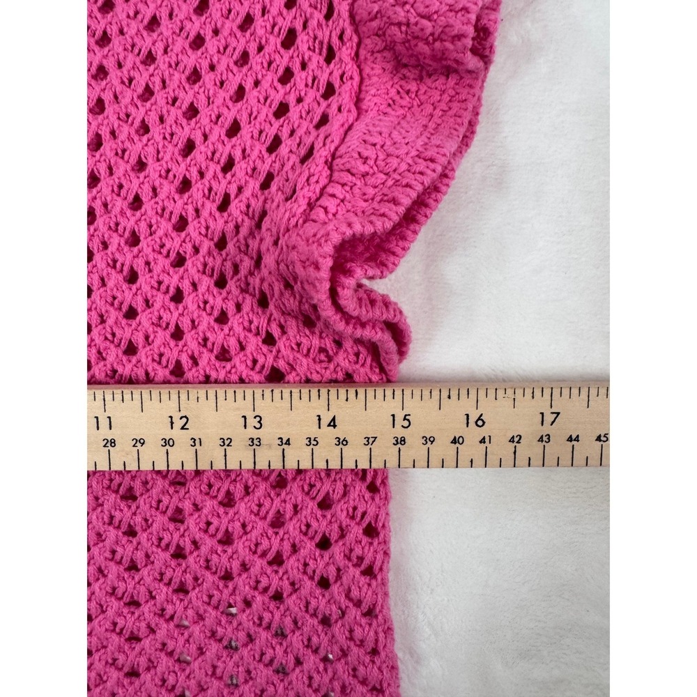H&M Women's XS Fuchsia Pink Crochet Knit Ruffle Sleeve Top Open Weave Crew Neck - Picture 4 of 5